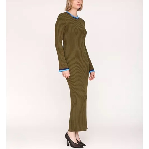 Avec Les Filles Dress, size M Maxi Knit Ribbed Olive with Blue Trim NWT - Picture 3 of 8